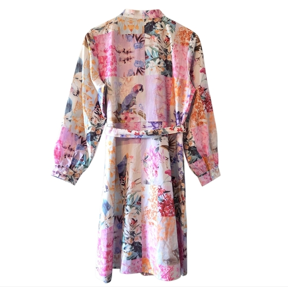 Annick Patchwork Tropical Floral Animal Print Midi Feminine Long Sleeve Dress S - Picture 10 of 13